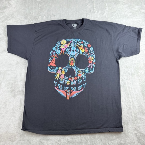 Disney Pixar Coco Shirt XXL Black Crew Neck Short Sleeve Sugar Skull Halloween - Picture 1 of 13